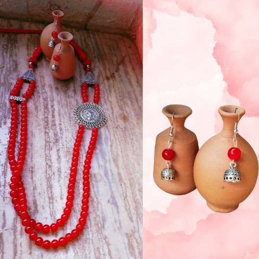 Red Bead Women Necklace with Chumka Earring